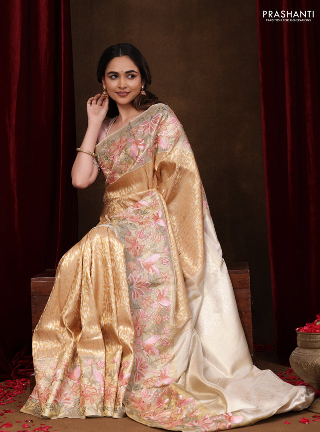 Gold Pure Kanchipuram Tissue Silk Saree With Brocade Zari Weaves & Border Embroidery