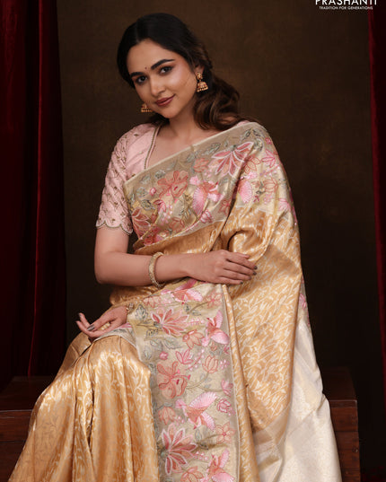 Gold Pure Kanchipuram Tissue Silk Saree With Brocade Zari Weaves & Border Embroidery