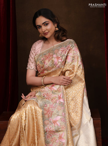 Gold Pure Kanchipuram Tissue Silk Saree With Brocade Zari Weaves & Border Embroidery