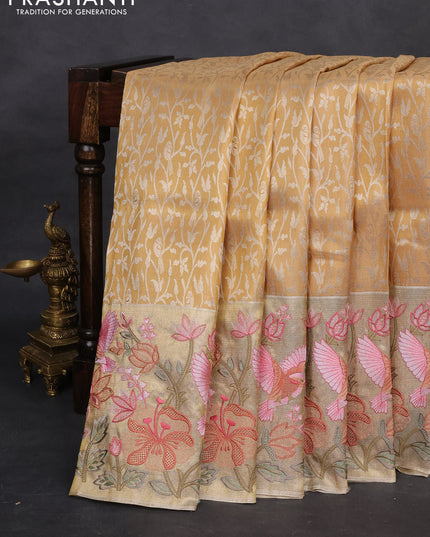 Gold Pure Kanchipuram Tissue Silk Saree With Brocade Zari Weaves & Border Embroidery
