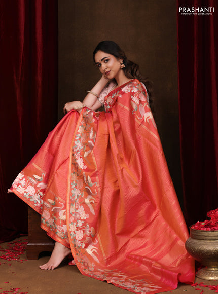 Dual Shade of Pinkish Orange Pure kanchipuram silk saree With Zari Checks & Border Embroidery