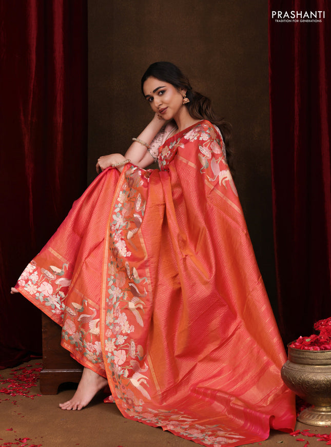 Dual Shade of Pinkish Orange Pure kanchipuram silk saree With Zari Checks & Border Embroidery
