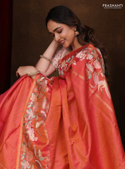 Dual Shade of Pinkish Orange Pure kanchipuram silk saree With Zari Checks & Border Embroidery