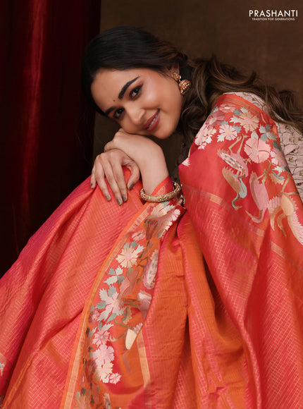 Dual Shade of Pinkish Orange Pure kanchipuram silk saree With Zari Checks & Border Embroidery