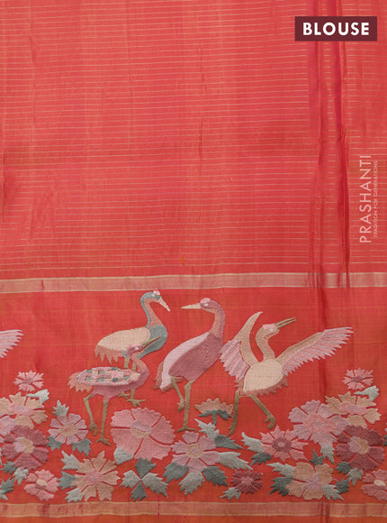 Dual Shade of Pinkish Orange Pure kanchipuram silk saree With Zari Checks & Border Embroidery