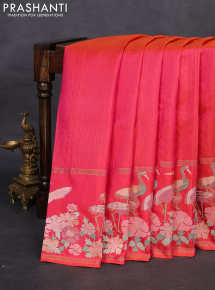 Dual Shade of Pinkish Orange Pure kanchipuram silk saree With Zari Checks & Border Embroidery