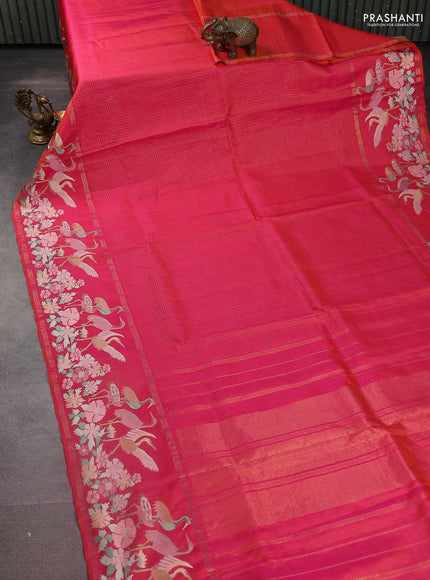 Dual Shade of Pinkish Orange Pure kanchipuram silk saree With Zari Checks & Border Embroidery