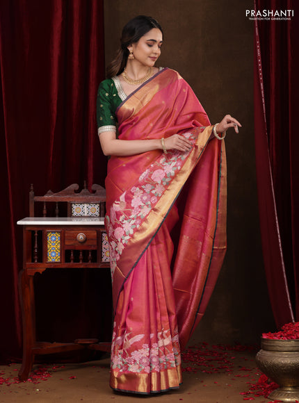Dual Shade of Pinkish Orange-Green Pure kanchipuram silk saree With Zari Buttas & Border Embroidery