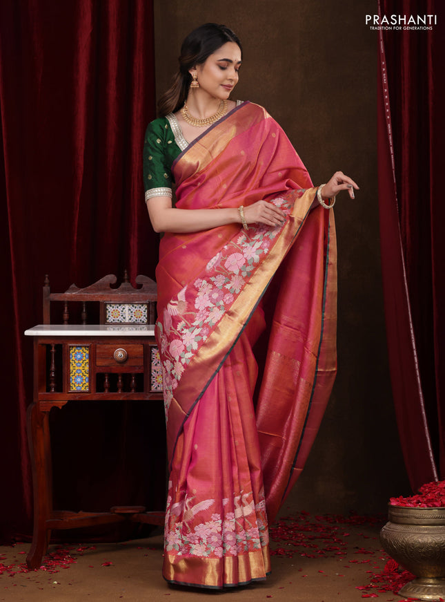Dual Shade of Pinkish Orange-Green Pure kanchipuram silk saree With Zari Buttas & Border Embroidery