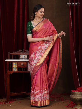 Dual Shade of Pinkish Orange-Green Pure kanchipuram silk saree With Zari Buttas & Border Embroidery