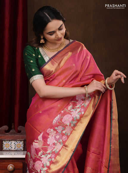 Dual Shade of Pinkish Orange-Green Pure kanchipuram silk saree With Zari Buttas & Border Embroidery