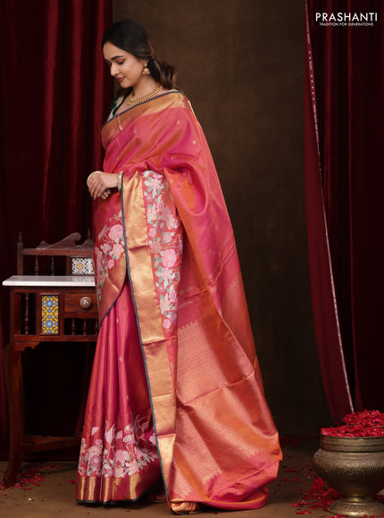 Dual Shade of Pinkish Orange-Green Pure kanchipuram silk saree With Zari Buttas & Border Embroidery