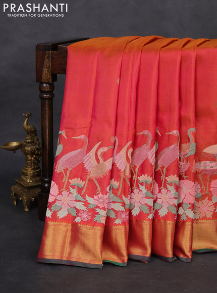 Dual Shade of Pinkish Orange-Green Pure kanchipuram silk saree With Zari Buttas & Border Embroidery