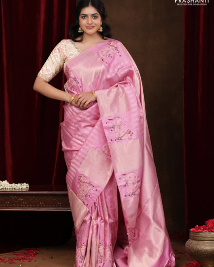 Light PInk Pure Kanchipuram Silk Saree With Zari Stripes & Border Embroidery