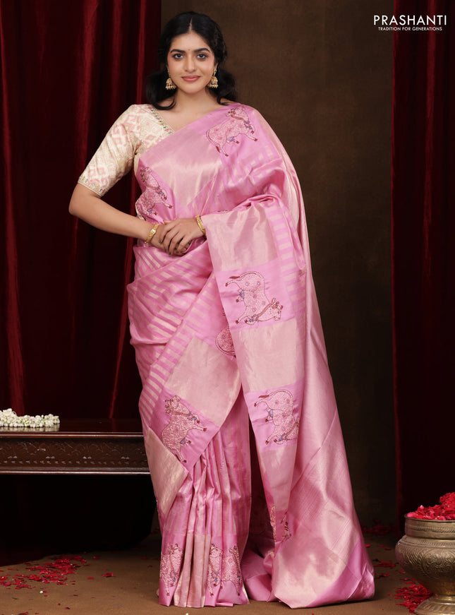 Light PInk Pure Kanchipuram Silk Saree With Zari Stripes & Border Embroidery