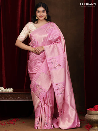 Light PInk Pure Kanchipuram Silk Saree With Zari Stripes & Border Embroidery