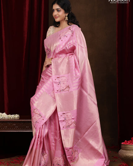 Light PInk Pure Kanchipuram Silk Saree With Zari Stripes & Border Embroidery