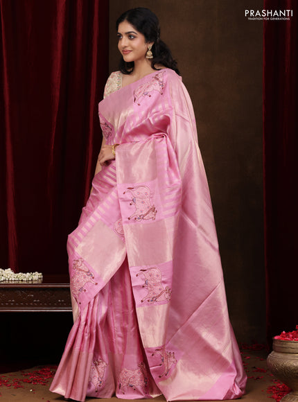 Light PInk Pure Kanchipuram Silk Saree With Zari Stripes & Border Embroidery