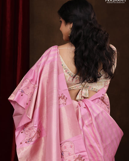 Light PInk Pure Kanchipuram Silk Saree With Zari Stripes & Border Embroidery