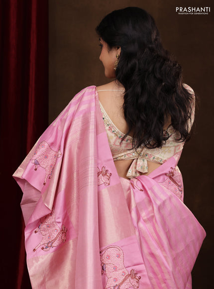 Light PInk Pure Kanchipuram Silk Saree With Zari Stripes & Border Embroidery