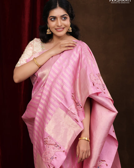 Light PInk Pure Kanchipuram Silk Saree With Zari Stripes & Border Embroidery