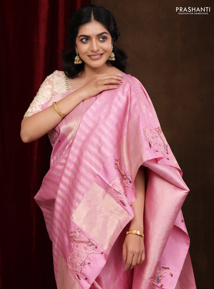 Light PInk Pure Kanchipuram Silk Saree With Zari Stripes & Border Embroidery