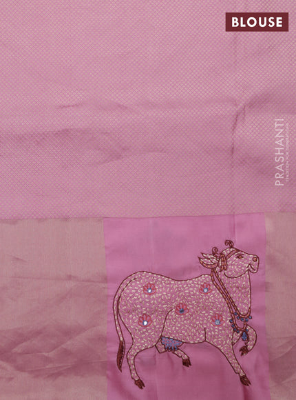 Light PInk Pure Kanchipuram Silk Saree With Zari Stripes & Border Embroidery