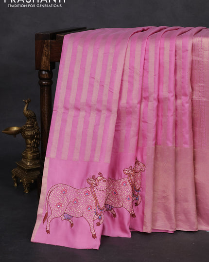 Light PInk Pure Kanchipuram Silk Saree With Zari Stripes & Border Embroidery