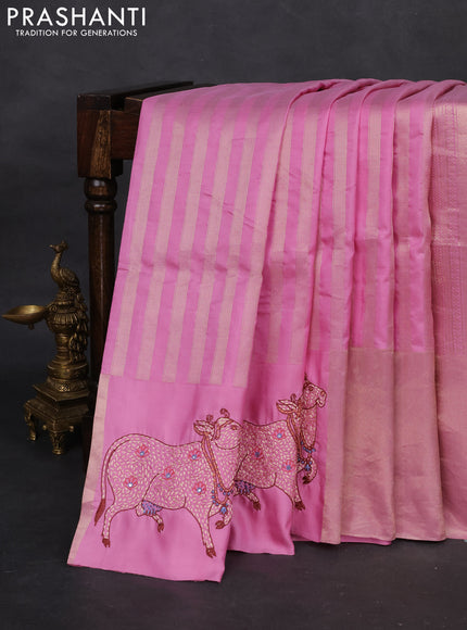 Light PInk Pure Kanchipuram Silk Saree With Zari Stripes & Border Embroidery