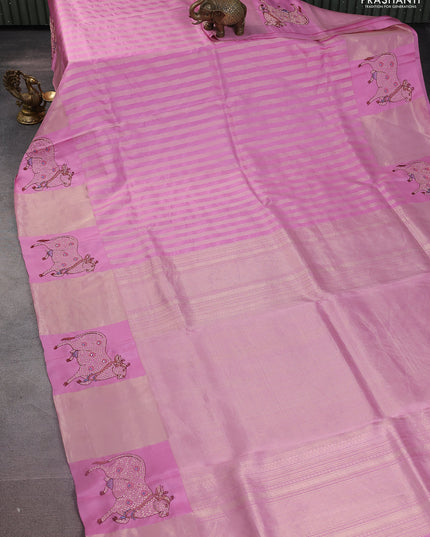 Light PInk Pure Kanchipuram Silk Saree With Zari Stripes & Border Embroidery