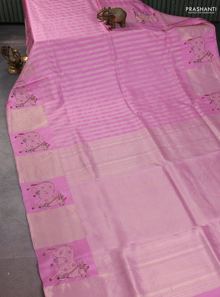 Light PInk Pure Kanchipuram Silk Saree With Zari Stripes & Border Embroidery
