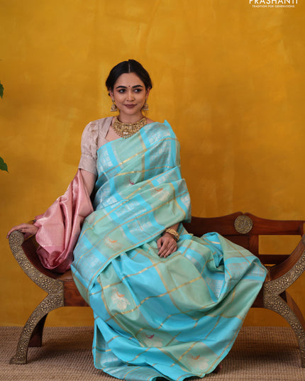 Teal Blue-Peach Shade Pure kanchipuram Silk saree With allover zari checked pattern