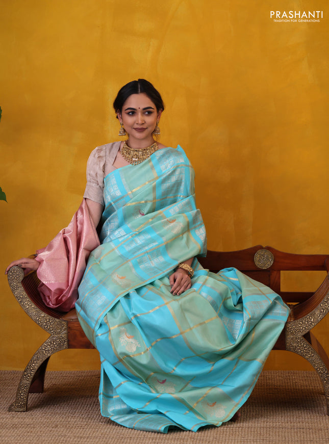 Teal Blue-Peach Shade Pure kanchipuram Silk saree With allover zari checked pattern
