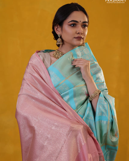 Teal Blue-Peach Shade Pure kanchipuram Silk saree With allover zari checked pattern