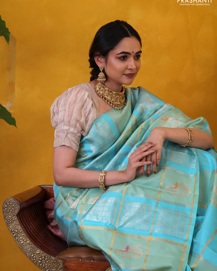 Teal Blue-Peach Shade Pure kanchipuram Silk saree With allover zari checked pattern