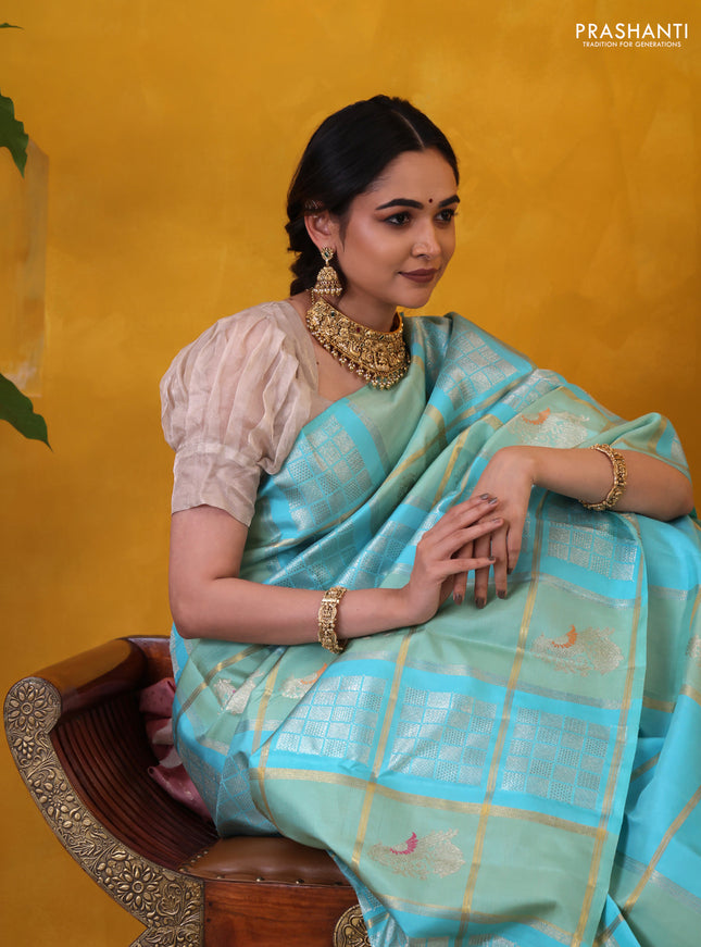 Teal Blue-Peach Shade Pure kanchipuram Silk saree With allover zari checked pattern