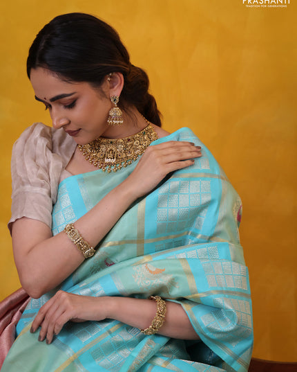Teal Blue-Peach Shade Pure kanchipuram Silk saree With allover zari checked pattern