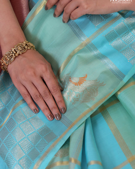 Teal Blue-Peach Shade Pure kanchipuram Silk saree With allover zari checked pattern