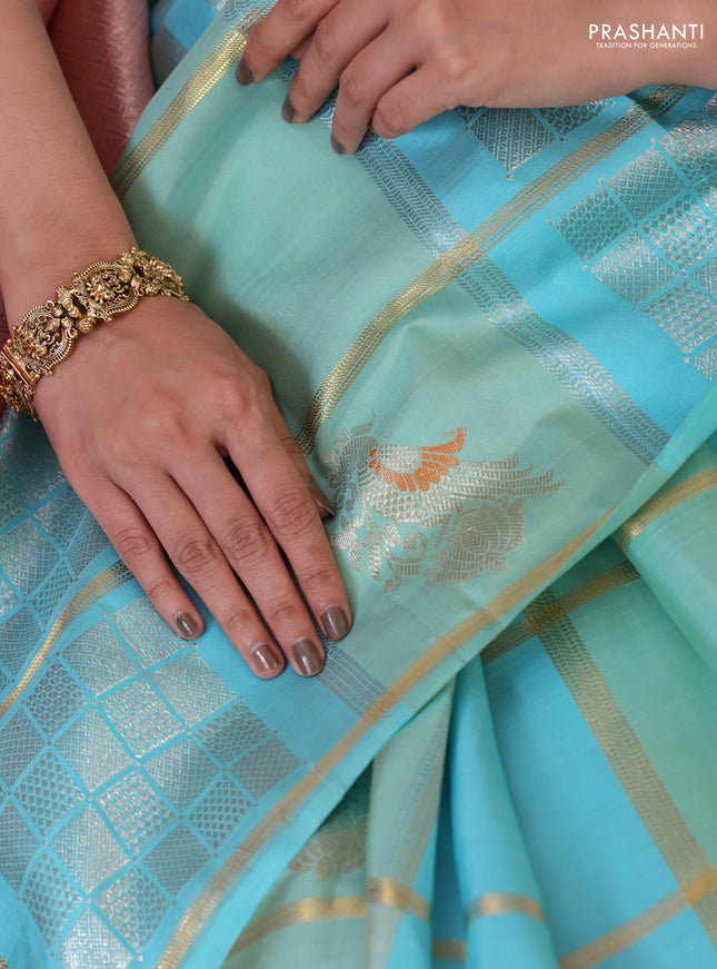 Teal Blue-Peach Shade Pure kanchipuram Silk saree With allover zari checked pattern