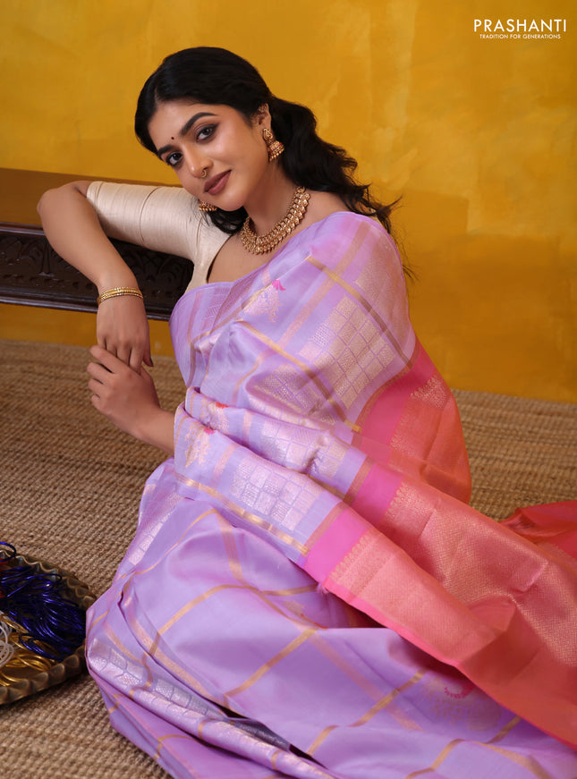 Lavender-Peach Pink Pure kanchipuram silk saree With Allover zari checked pattern