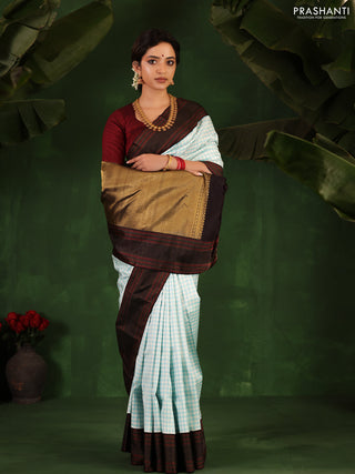 Light Blue-Deep jamun Pure Kanchipuram silk saree With Allover zari checked pattern