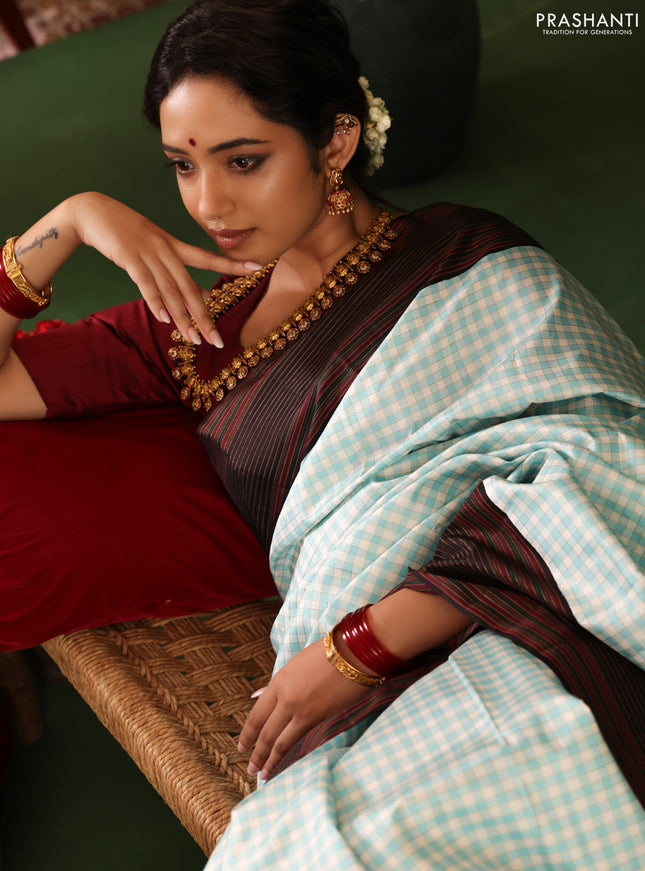 Light Blue-Deep jamun Pure Kanchipuram silk saree With Allover zari checked pattern