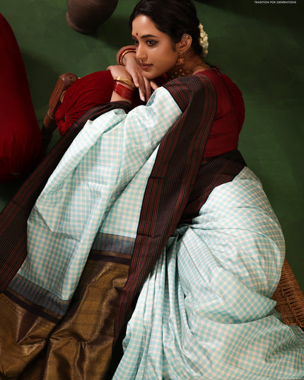 Light Blue-Deep jamun Pure Kanchipuram silk saree With Allover zari checked pattern