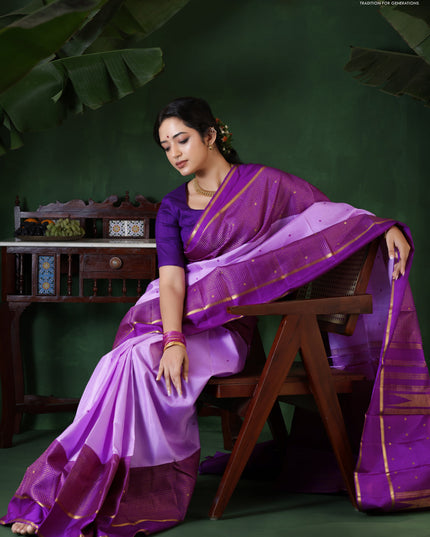 Lavender-Purple Pure Kanchipuram Silk Saree With Thread woven buttas & Long Zari Border