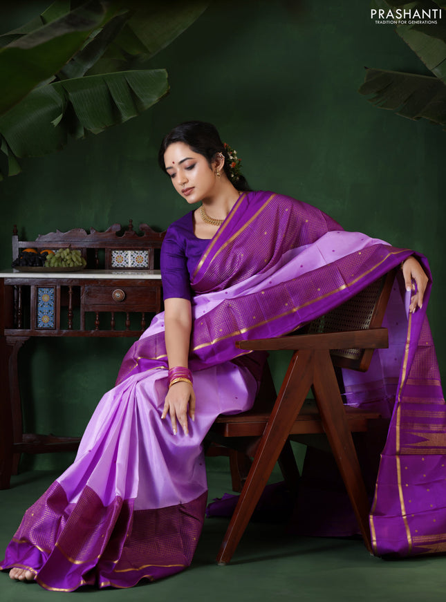 Lavender-Purple Pure Kanchipuram Silk Saree With Thread woven buttas & Long Zari Border