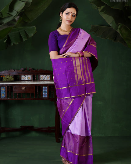 Lavender-Purple Pure Kanchipuram Silk Saree With Thread woven buttas & Long Zari Border