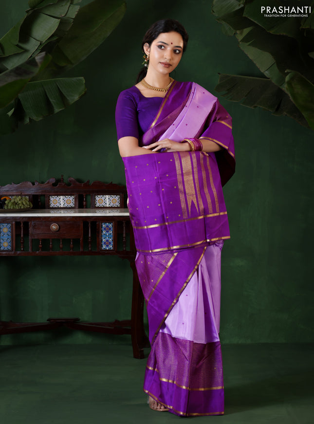 Lavender-Purple Pure Kanchipuram Silk Saree With Thread woven buttas & Long Zari Border