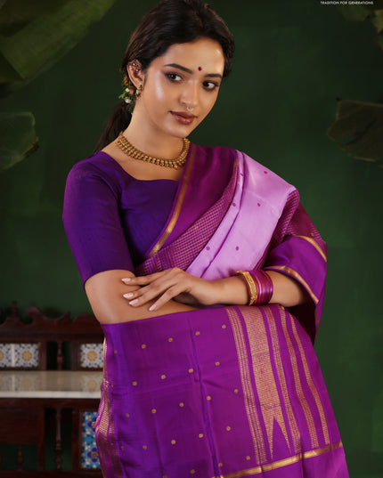 Lavender-Purple Pure Kanchipuram Silk Saree With Thread woven buttas & Long Zari Border