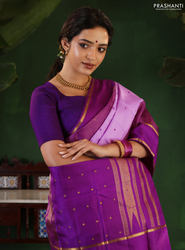 Lavender-Purple Pure Kanchipuram Silk Saree With Thread woven buttas & Long Zari Border