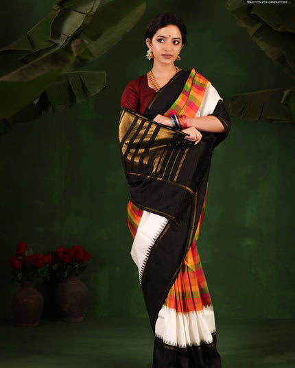 Multi Colour-Black Pure Kanchipuram Silk Saree With Allover Checked Pattern
